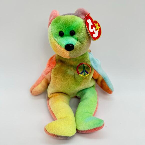 TY Beanie Buddies Peace Bear Beanie Baby 9in Tie Dye Retired 1996 Plush NEW - Picture 1 of 8